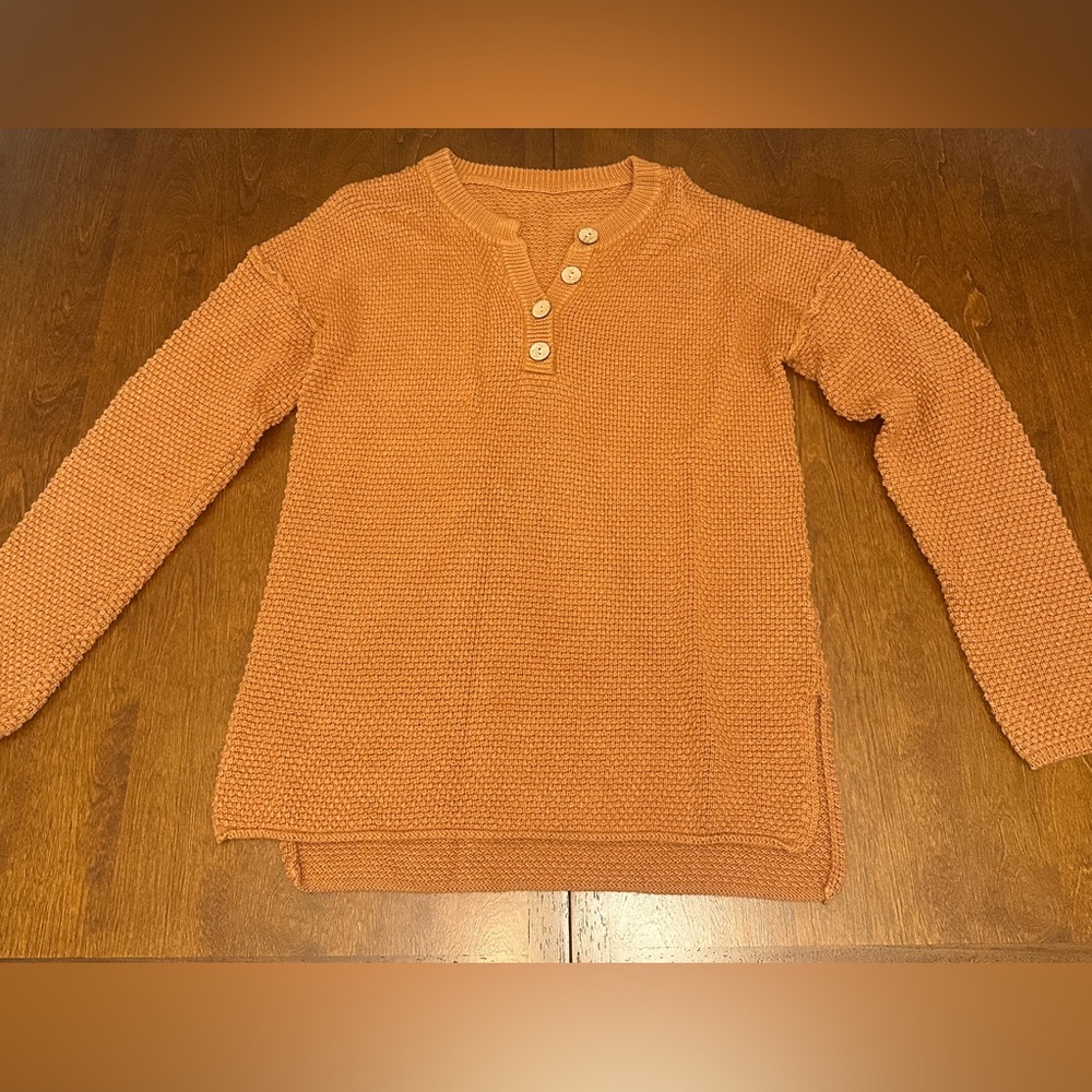 Women's Brown Knit Henley Sweater with Button Detail